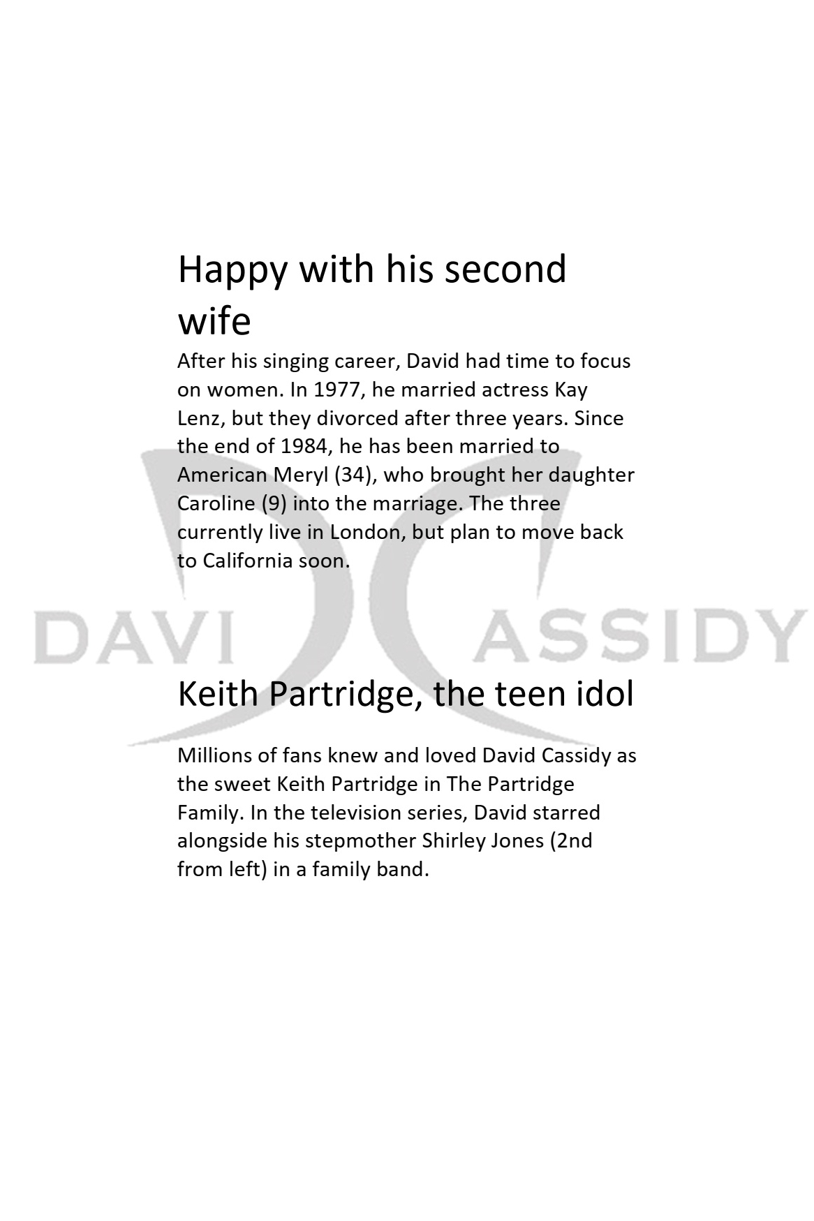 David Cassidy Bravo Magazine June 27, 1985