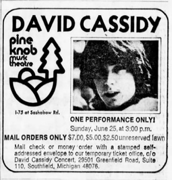 Advert to see David at Pine Knob 1972